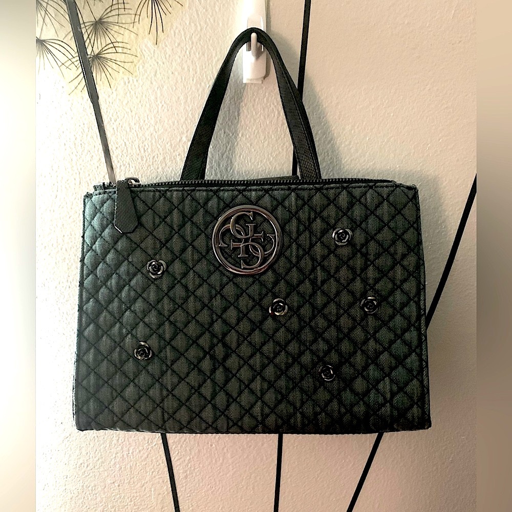 Guess G Lux Quilted Denim W/Metallic Rose & Embossed Snakeskin Bag Exc.Condition